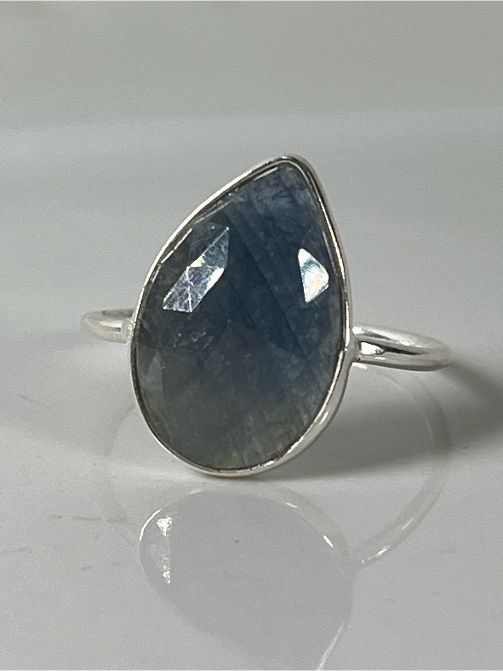 Solid Sterling Silver 925 Sapphire Corundum Gemstone Flat Stacker Ring Size 7.75